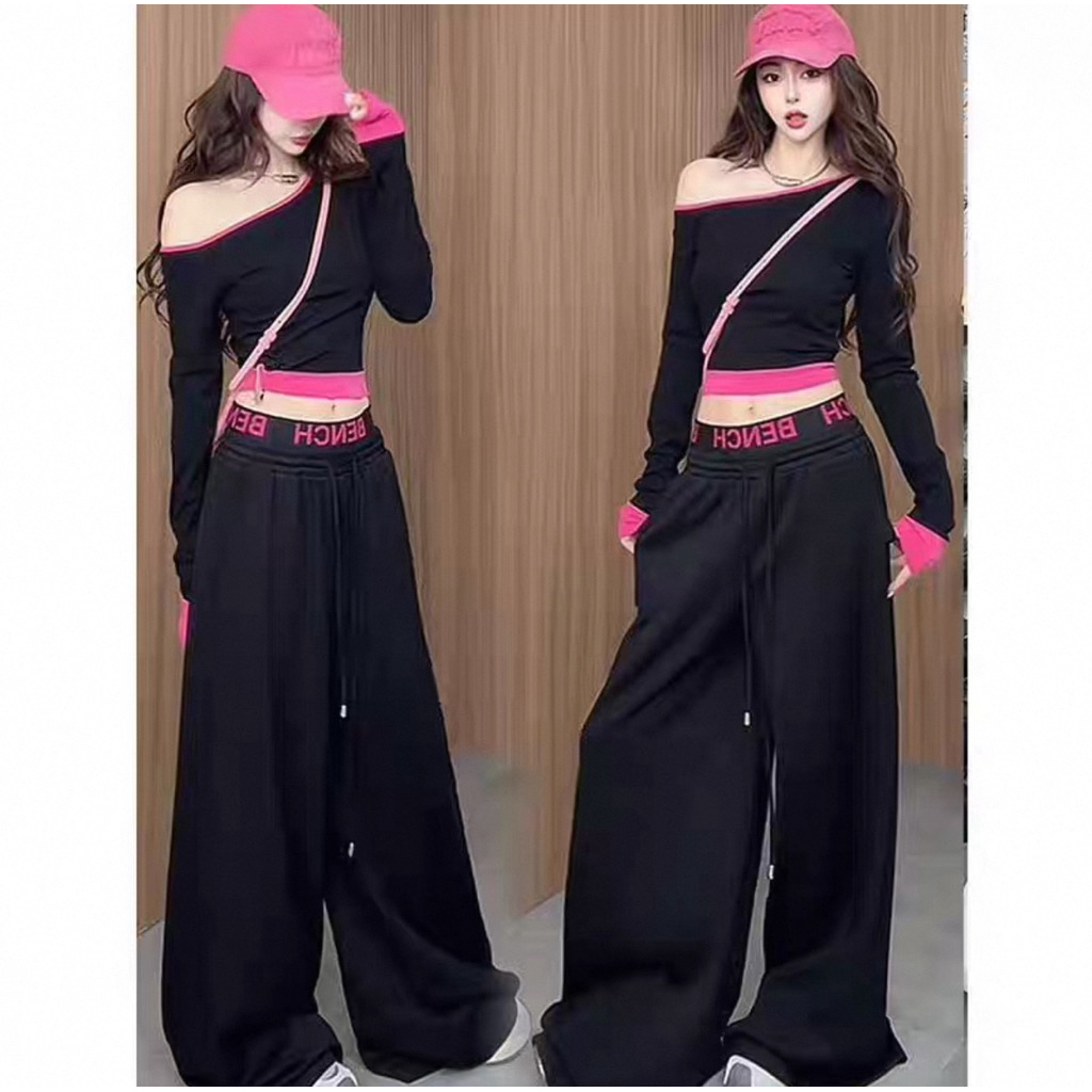 Set bộ áo lệch vai quần ống rộng