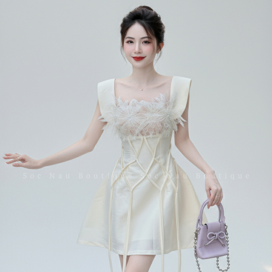 Váy Nữ Váy Đi Dự Tiệc Dáng Ngắn Tay Bồng NV639 Váy Tafta Họa Tiết Hoa Lá Xinh Đẹp Kèm Dây Đan Lưới