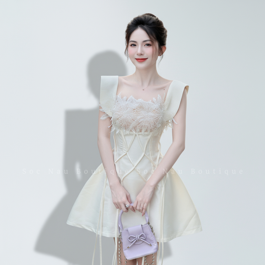 Váy Nữ Váy Đi Dự Tiệc Dáng Ngắn Tay Bồng NV639 Váy Tafta Họa Tiết Hoa Lá Xinh Đẹp Kèm Dây Đan Lưới