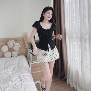 Set váy mini thời trang nữ chất Đũi mịn mát tay búp cổ chữ U form áo ôm phối chân váy Mango dáng chữ A in chấm bi