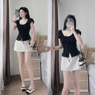 Set váy mini thời trang nữ chất Đũi mịn mát tay búp cổ chữ U form áo ôm phối chân váy Mango dáng chữ A in chấm bi