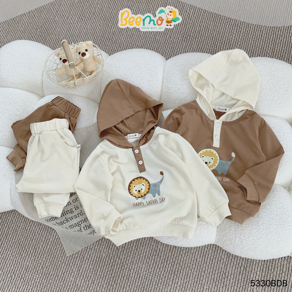 Bộ thu đông bé trai dài tay phối mũ in hình sư tử, set bộ thu đông dài tay cotton mềm mịn 5330BDB