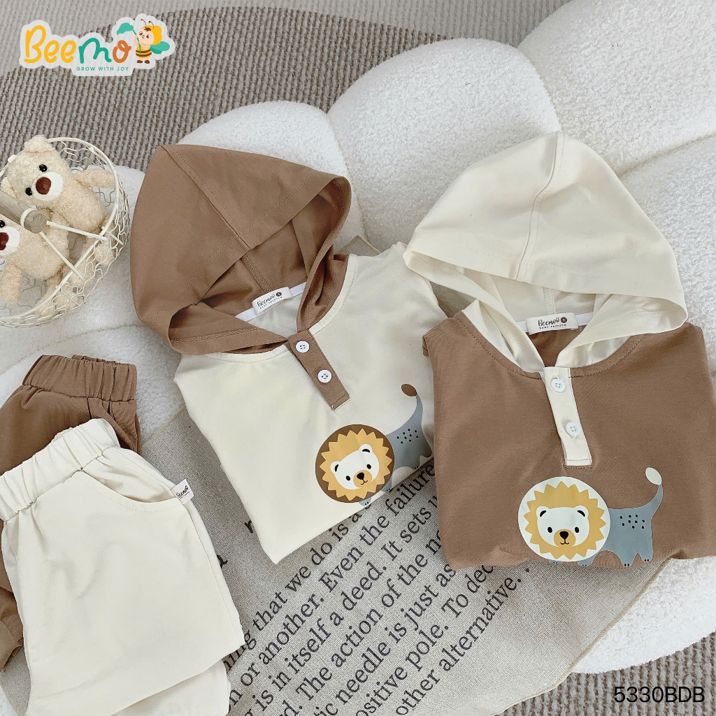 Bộ thu đông bé trai dài tay phối mũ in hình sư tử, set bộ thu đông dài tay cotton mềm mịn 5330BDB