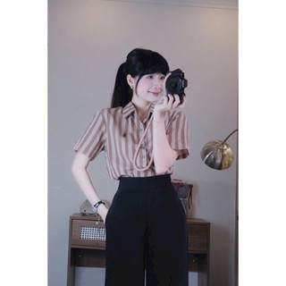 Set bộ thanh tao thời trang nữ chất áo Linen sọc cao cấp cổ sơmi tay ngắn phối quần Tuyết mưa ống rộng
