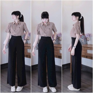 Set bộ thanh tao thời trang nữ chất áo Linen sọc cao cấp cổ sơmi tay ngắn phối quần Tuyết mưa ống rộng