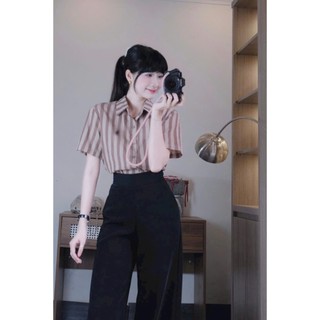 Set bộ thanh tao thời trang nữ chất áo Linen sọc cao cấp cổ sơmi tay ngắn phối quần Tuyết mưa ống rộng