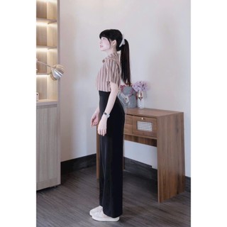 Set bộ thanh tao thời trang nữ chất áo Linen sọc cao cấp cổ sơmi tay ngắn phối quần Tuyết mưa ống rộng