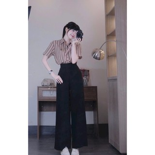 Set bộ thanh tao thời trang nữ chất áo Linen sọc cao cấp cổ sơmi tay ngắn phối quần Tuyết mưa ống rộng