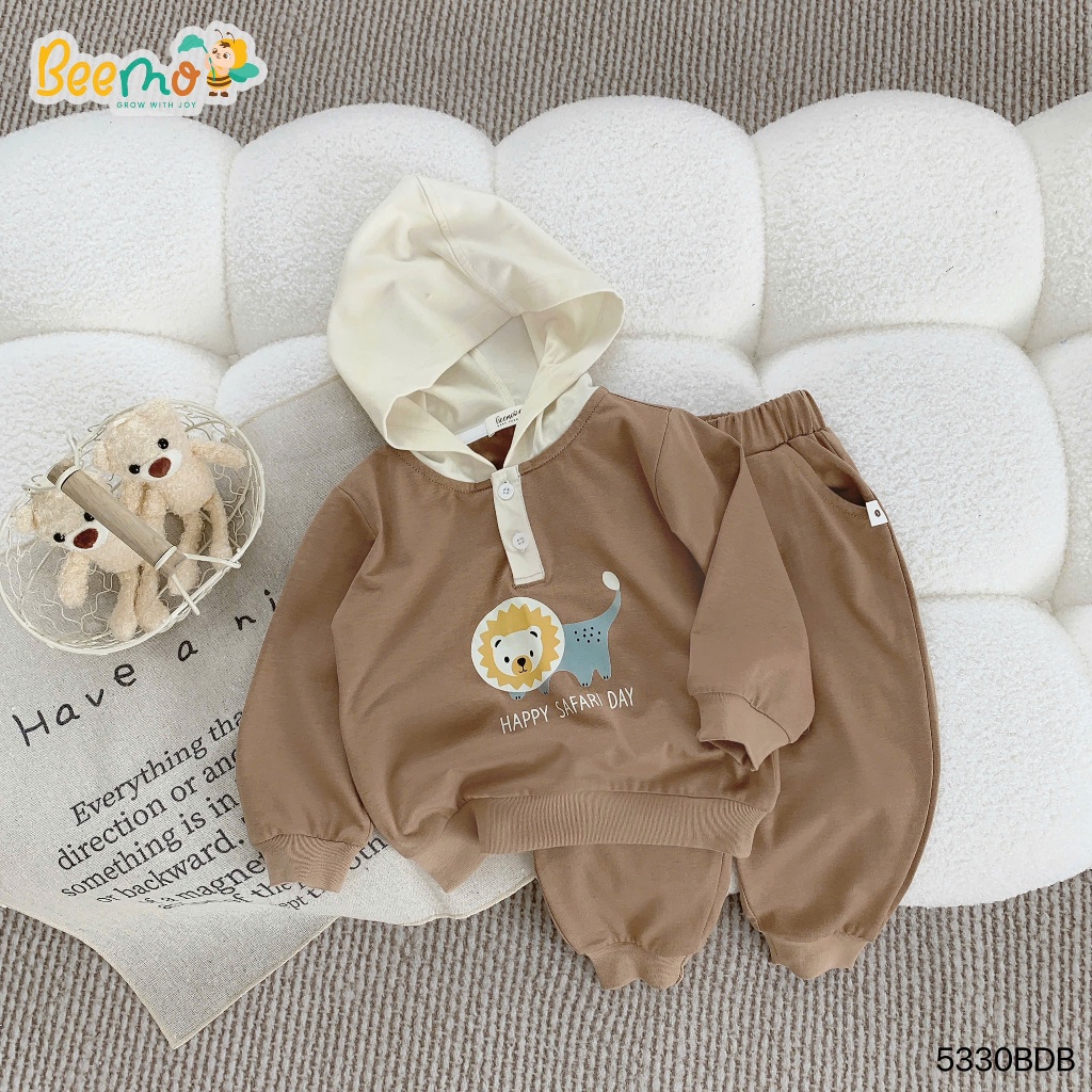 Bộ thu đông bé trai dài tay phối mũ in hình sư tử, set bộ thu đông dài tay cotton mềm mịn 5330BDB