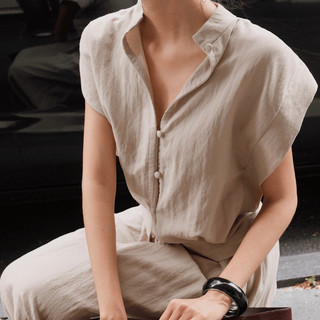 Set áo kiểu cổ tàu và chân váy dài cạp bồng Omai thiết kế chất Premium Linen - SET01