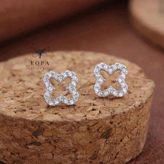 Khuyên tai bạc LoPa SK88,dáng 4 lá thủng đính đá lấp lánh tinh tế,Bạc LoPa