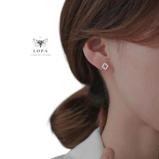 Khuyên tai bạc LoPa SK88,dáng 4 lá thủng đính đá lấp lánh tinh tế,Bạc LoPa