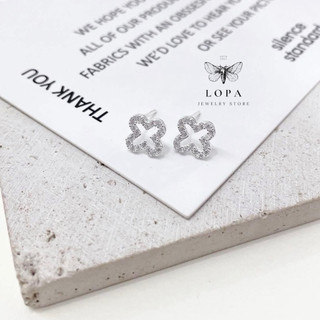 Khuyên tai bạc LoPa SK88,dáng 4 lá thủng đính đá lấp lánh tinh tế,Bạc LoPa
