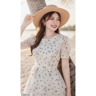 Đầm thời trang nữ chất Voan mềm mại thoải mái khi mặc tay ngắn cổ tròn váy midi dáng xoè in chấm bi kèm lót