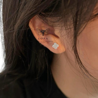 Khuyên tai Bạc LoPa SK96 bốn lá đính đá trắng chốt zen lấp lánh,Bạc LoPa