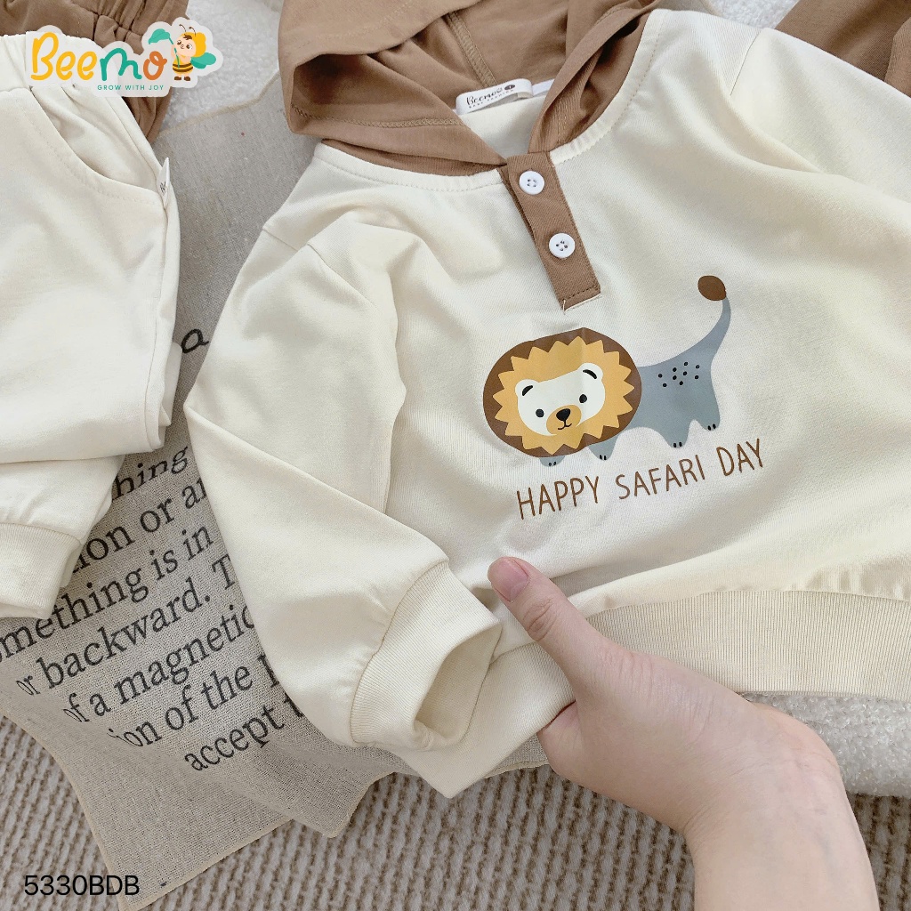 Bộ thu đông bé trai dài tay phối mũ in hình sư tử, set bộ thu đông dài tay cotton mềm mịn 5330BDB