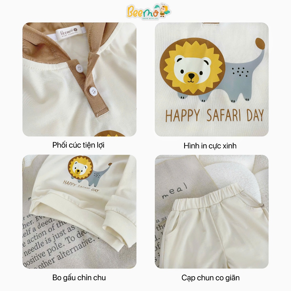 Bộ thu đông bé trai dài tay phối mũ in hình sư tử, set bộ thu đông dài tay cotton mềm mịn 5330BDB