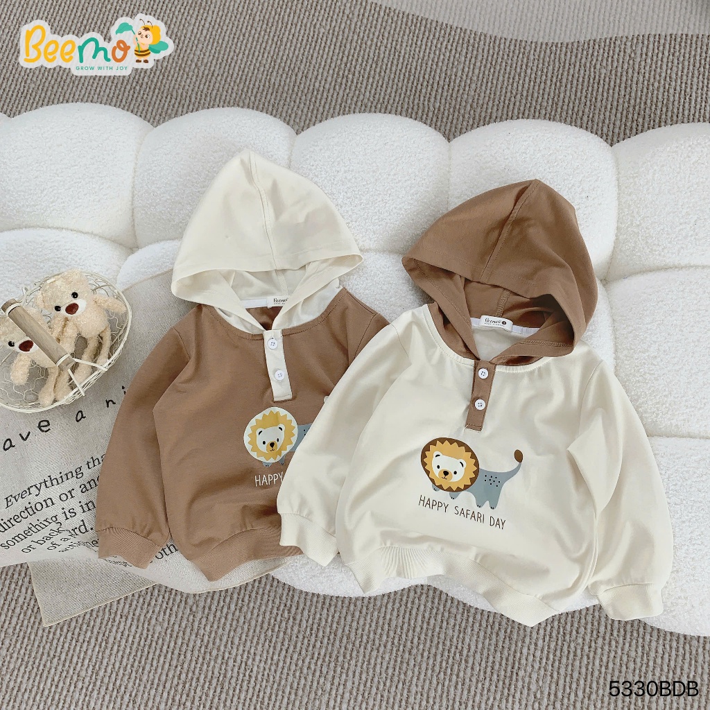 Bộ thu đông bé trai dài tay phối mũ in hình sư tử, set bộ thu đông dài tay cotton mềm mịn 5330BDB