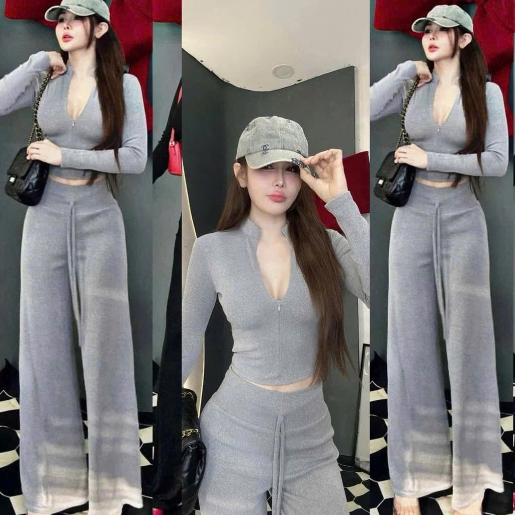 L031- Đồ Bộ Nữ Thun Tăm Áo Tay Dài Khóa Kéo Kèm Quần Lưng Cao Ống Suông Trẻ Trung Hot(38-55kg)