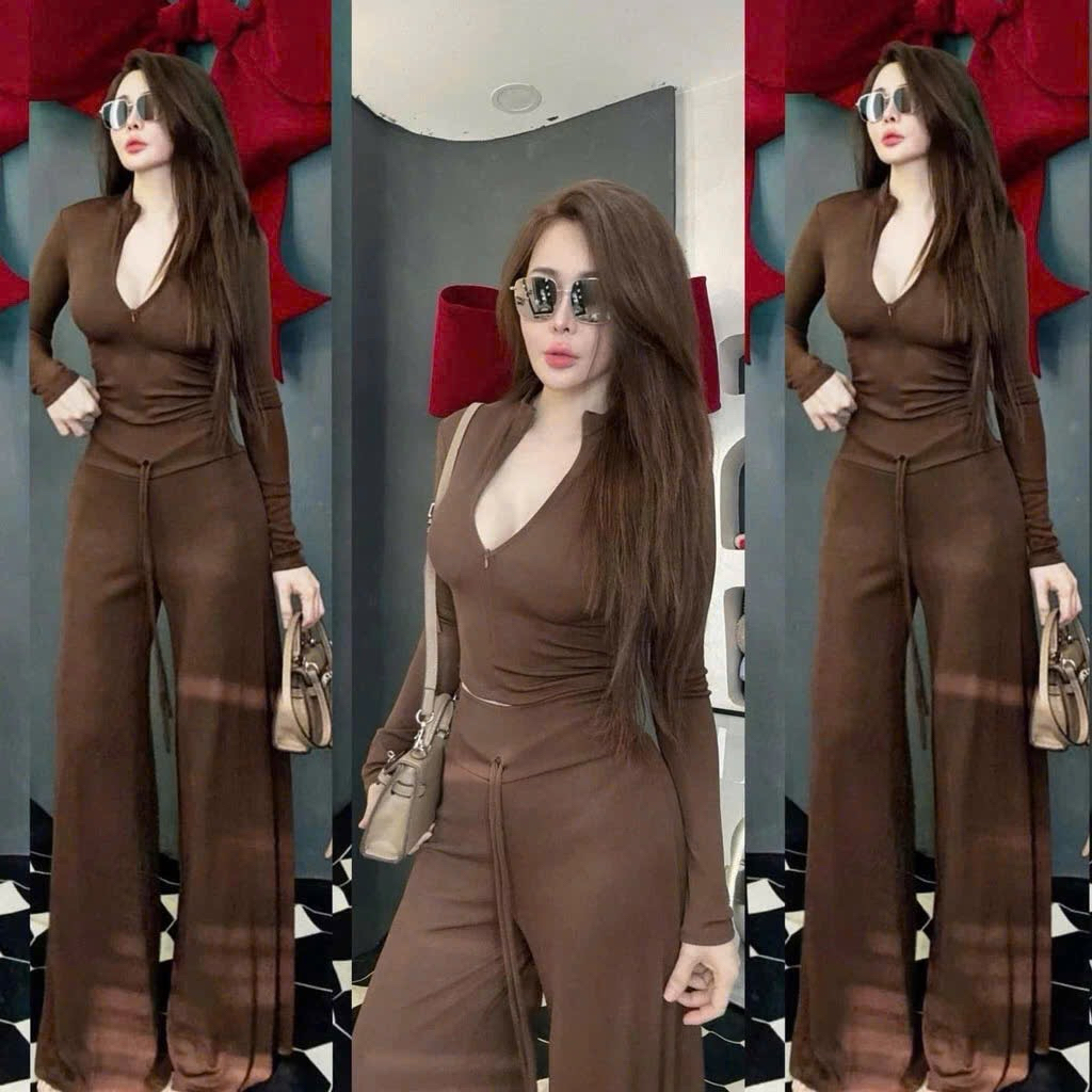 L031- Đồ Bộ Nữ Thun Tăm Áo Tay Dài Khóa Kéo Kèm Quần Lưng Cao Ống Suông Trẻ Trung Hot(38-55kg)