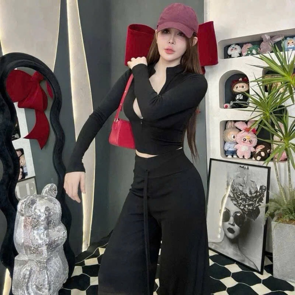 L031- Đồ Bộ Nữ Thun Tăm Áo Tay Dài Khóa Kéo Kèm Quần Lưng Cao Ống Suông Trẻ Trung Hot(38-55kg)