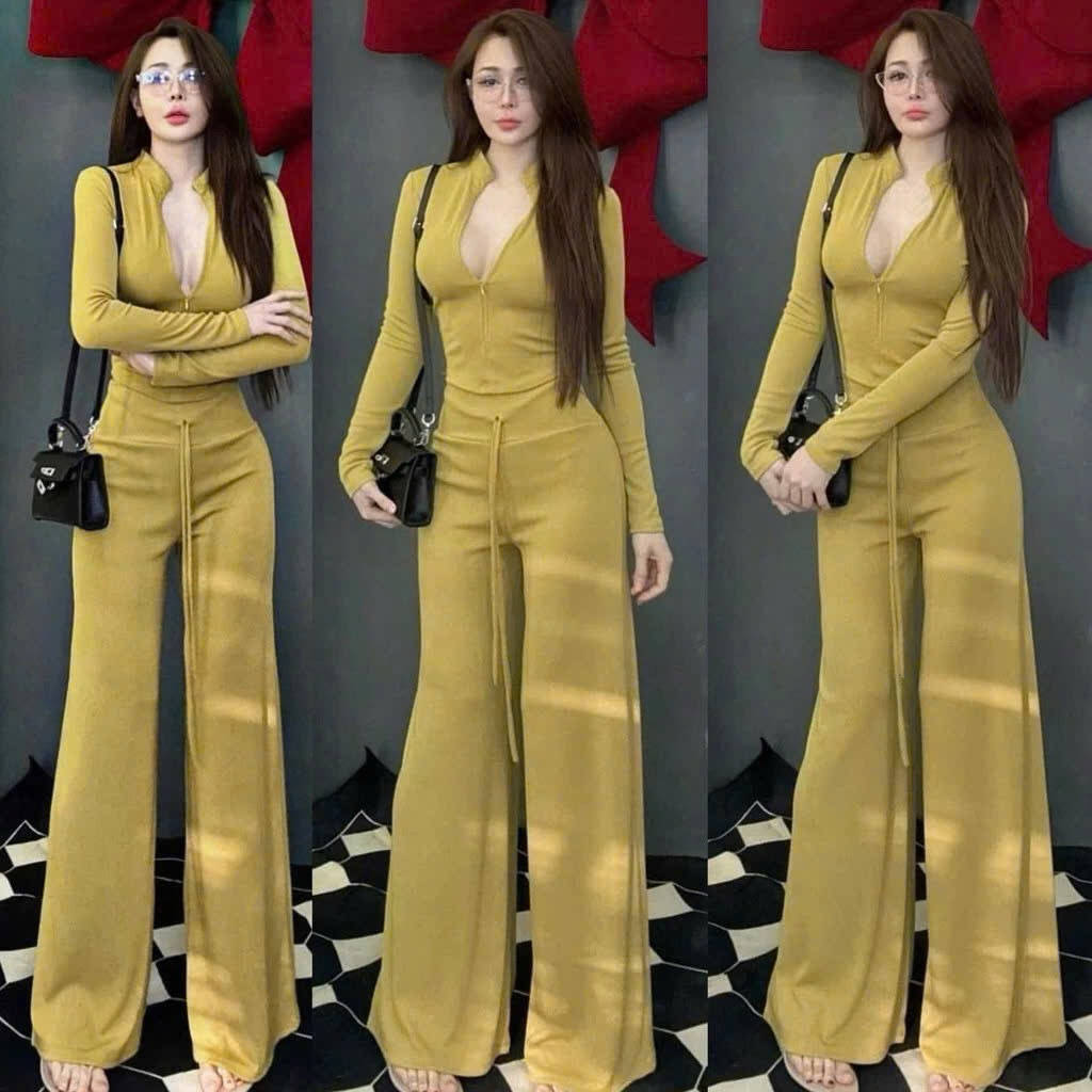 L031- Đồ Bộ Nữ Thun Tăm Áo Tay Dài Khóa Kéo Kèm Quần Lưng Cao Ống Suông Trẻ Trung Hot(38-55kg)