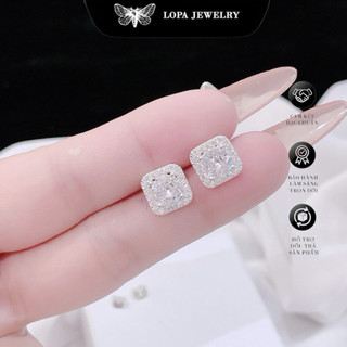 Khuyên tai Bạc LoPa SK95,dáng vuông đính đá lấp lánh(9li),Bạc LoPa(1 đôi)