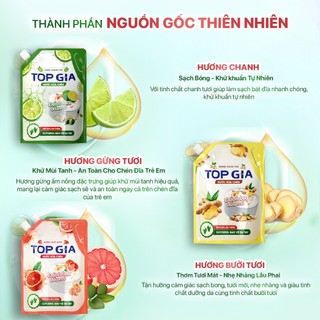 Nước Rửa Chén Bát TopGia Thiên Nhiên, An Toàn Dịu Nhẹ Da Tay, Tẩy Sạch Dầu Mỡ, Túi 2L, Chai 400ml