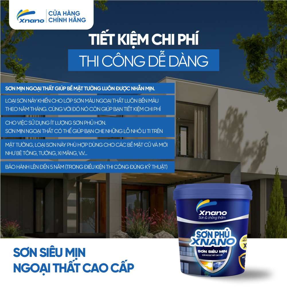 Sơn Mịn Ngoại Thất XNANO Cao Cấp – Siêu Mịn, Chống Mốc, Bền Màu 5 Năm | 5L & 18L | Tặng Chổi + Lu