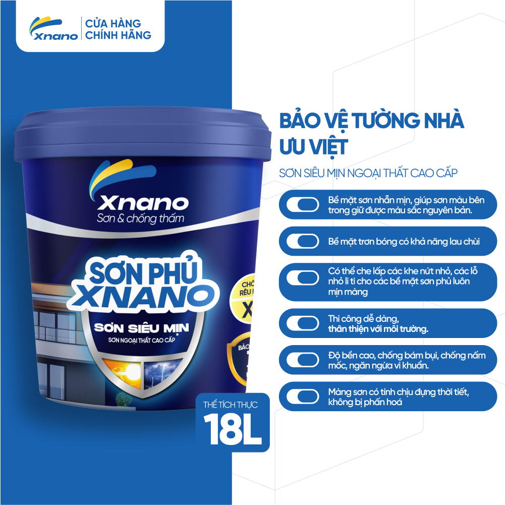 Sơn Mịn Ngoại Thất XNANO Cao Cấp – Siêu Mịn, Chống Mốc, Bền Màu 5 Năm | 5L & 18L | Tặng Chổi + Lu