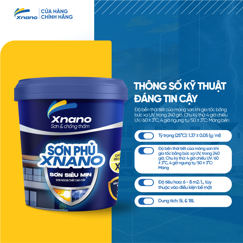 Sơn Mịn Ngoại Thất XNANO Cao Cấp – Siêu Mịn, Chống Mốc, Bền Màu 5 Năm | 5L & 18L | Tặng Chổi + Lu