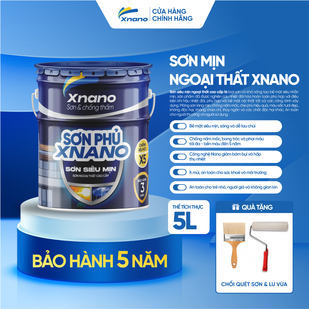 Sơn Mịn Ngoại Thất XNANO Cao Cấp – Siêu Mịn, Chống Mốc, Bền Màu 5 Năm | 5L & 18L | Tặng Chổi + Lu
