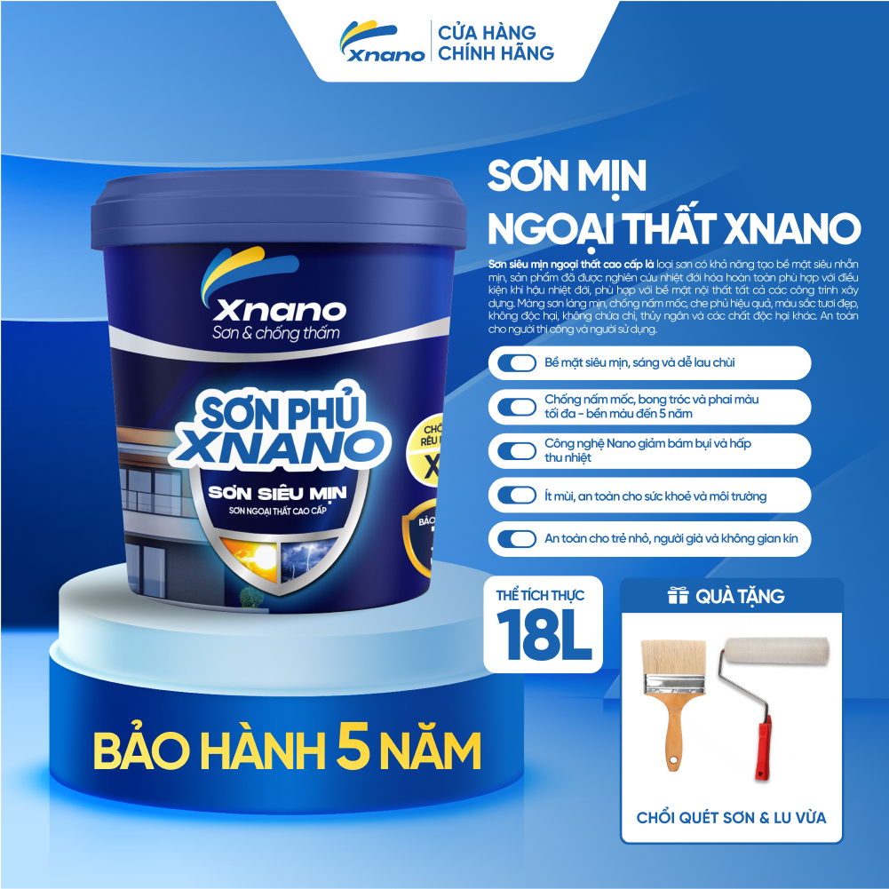 Sơn Mịn Ngoại Thất XNANO Cao Cấp – Siêu Mịn, Chống Mốc, Bền Màu 5 Năm | 5L & 18L | Tặng Chổi + Lu