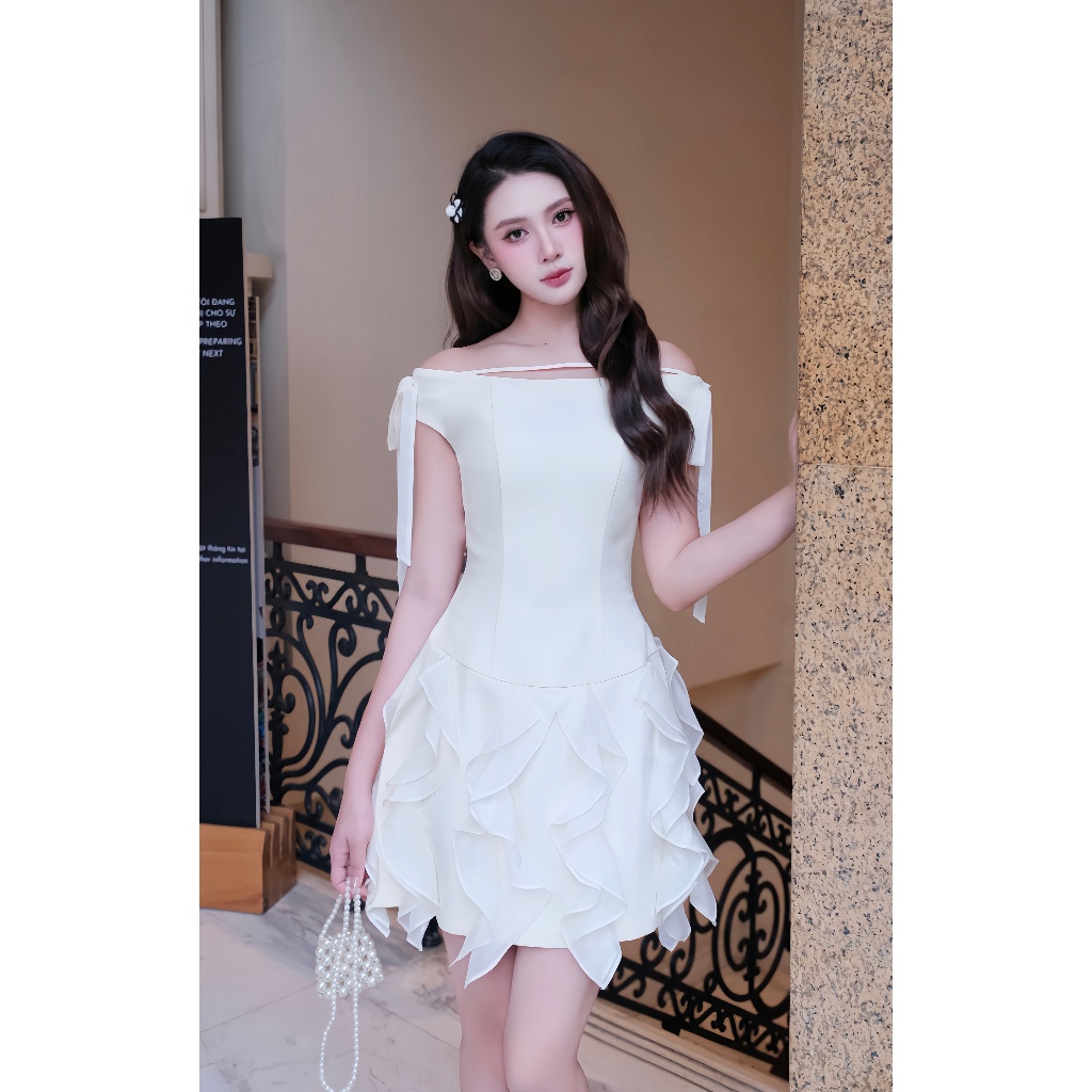 Đầm Trễ Vai Đính Nơ Chân Kẹp Bèo Đổ 1S62.2508K. Đầm Dự Tiệc Sang Trọng, Đầm Công Chúa Vintage Nữ Đẹp Thiết Kế Bởi JM