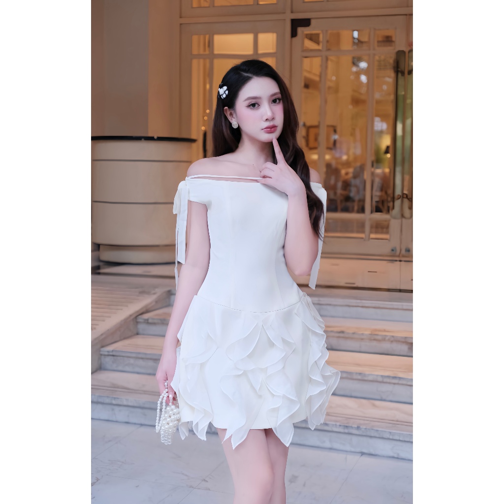 Đầm Trễ Vai Đính Nơ Chân Kẹp Bèo Đổ 1S62.2508K. Đầm Dự Tiệc Sang Trọng, Đầm Công Chúa Vintage Nữ Đẹp Thiết Kế Bởi JM