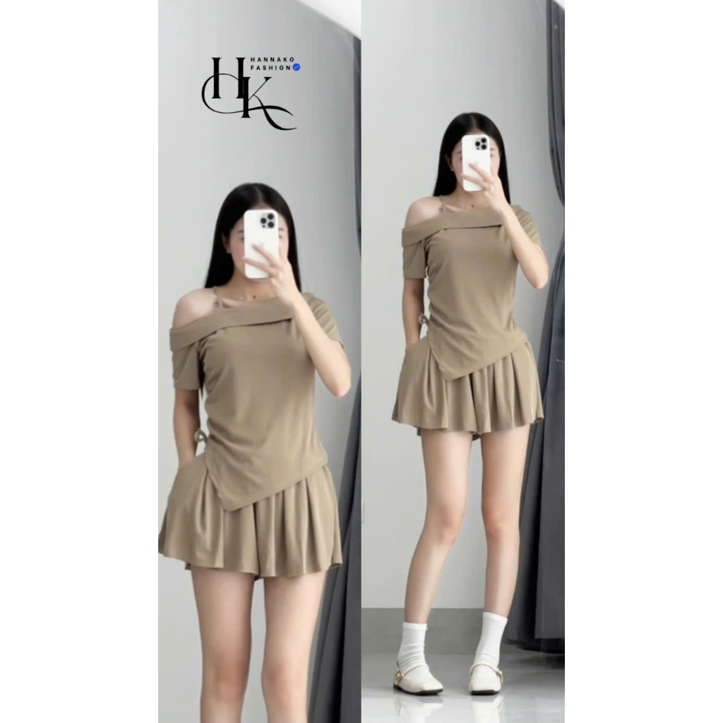 Set Áo Trễ Vai Nữ Kèm Quần Sooc Xòe  Set Bộ Áo Nữ Lệch Vai Dây Rút Chất Thun Tăm 124 222