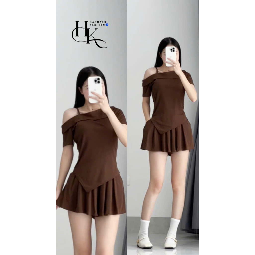 Set Áo Trễ Vai Nữ Kèm Quần Sooc Xòe  Set Bộ Áo Nữ Lệch Vai Dây Rút Chất Thun Tăm 124 222