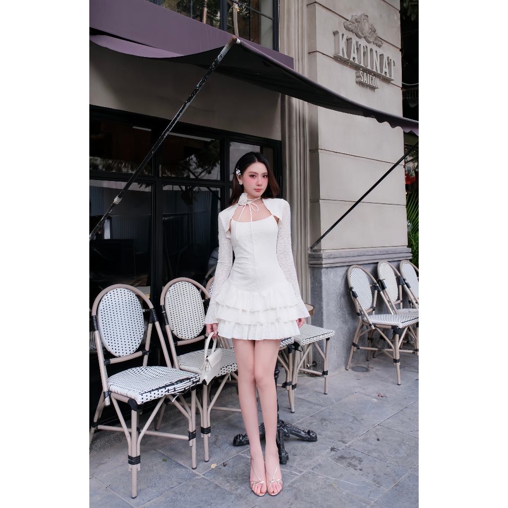 Đầm Chân Nhún Bèo Phối Áo Dài Tay 1F07.2509W. Đầm Ren Nữ Công Chúa Vintage, Đầm Dự Tiệc, Đầm Balletcore Dạo Phố Cao Cấp