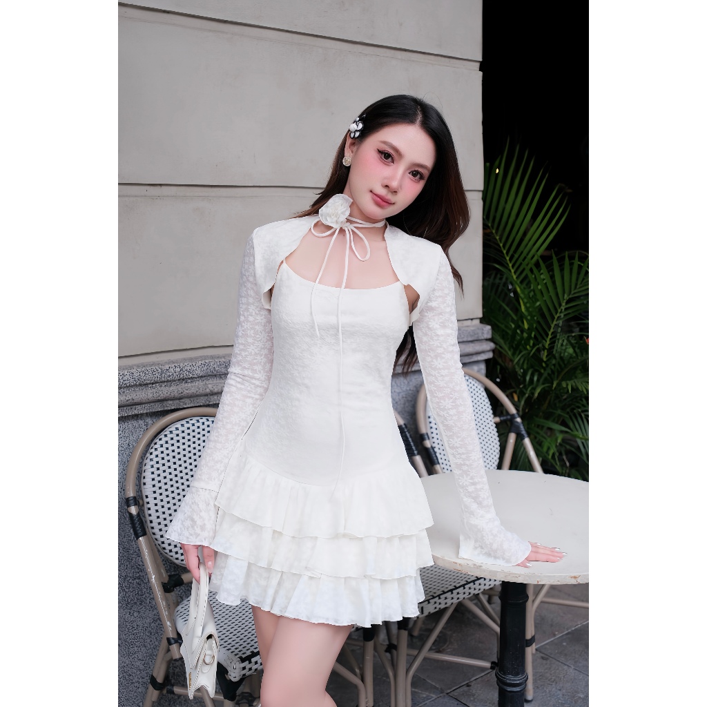 Đầm Chân Nhún Bèo Phối Áo Dài Tay 1F07.2509W. Đầm Ren Nữ Công Chúa Vintage, Đầm Dự Tiệc, Đầm Balletcore Dạo Phố Cao Cấp