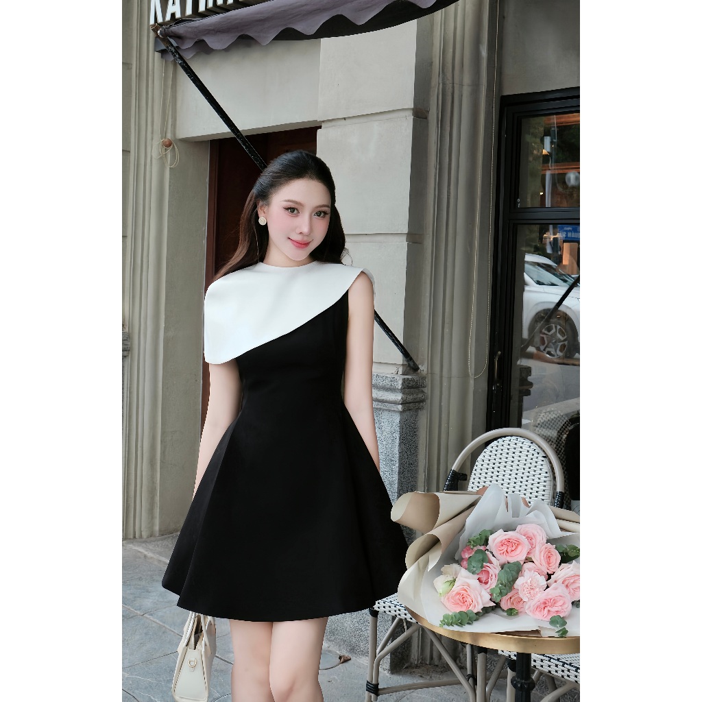 Đầm lệch vai xếp ly phối cape 1P01.2506K, đầm tiểu thư sang trọng dự tiệc, váy đi tiệc cưới thiết kế JM Dress Design