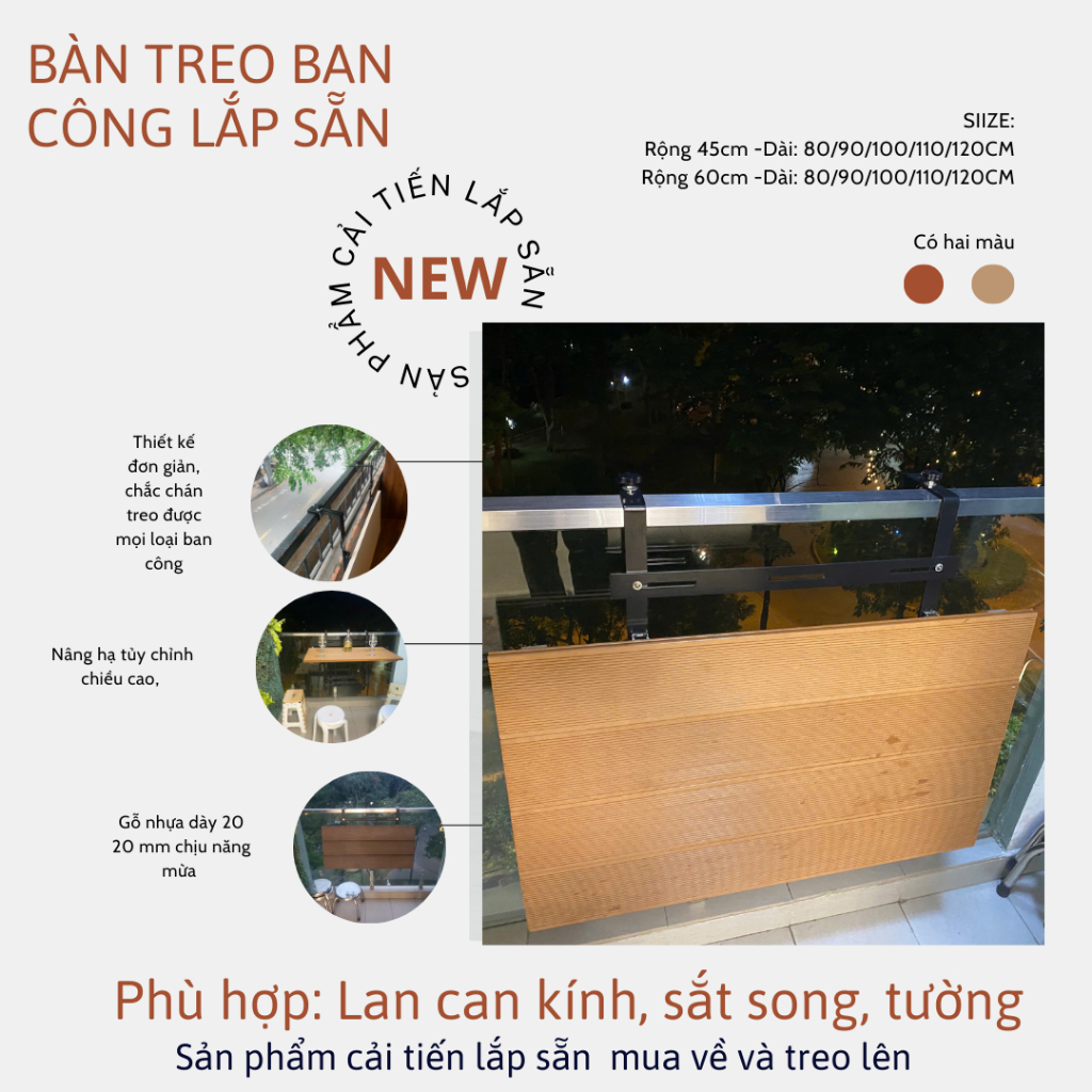 BÀN TREO BAN CÔNG GẤP GỌN LẮP SẴN, PHÙ HỢP MỌI BAN CÔNG, MẶT BÀN GỖ ...
