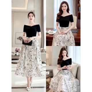 Đầm thời trang nữ quý phái tao nhã chất Tăm gân mịn trễ vai tay ngắn phối tùng váy maxi Lụa in hoa bắt mắt