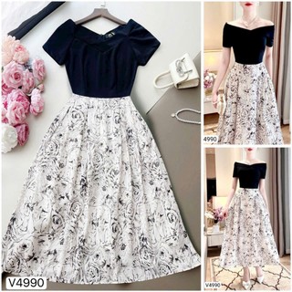 Đầm thời trang nữ quý phái tao nhã chất Tăm gân mịn trễ vai tay ngắn phối tùng váy maxi Lụa in hoa bắt mắt