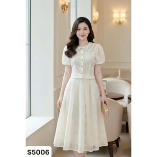 Set váy sang chảnh thời trang nữ tay ngắn cổ bẻ thiết kế đính đá lấp lánh cao cấp phối chân váy Xoè 2 lớp in hoạ tiết