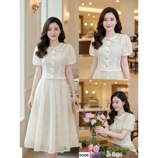 Set váy sang chảnh thời trang nữ tay ngắn cổ bẻ thiết kế đính đá lấp lánh cao cấp phối chân váy Xoè 2 lớp in hoạ tiết