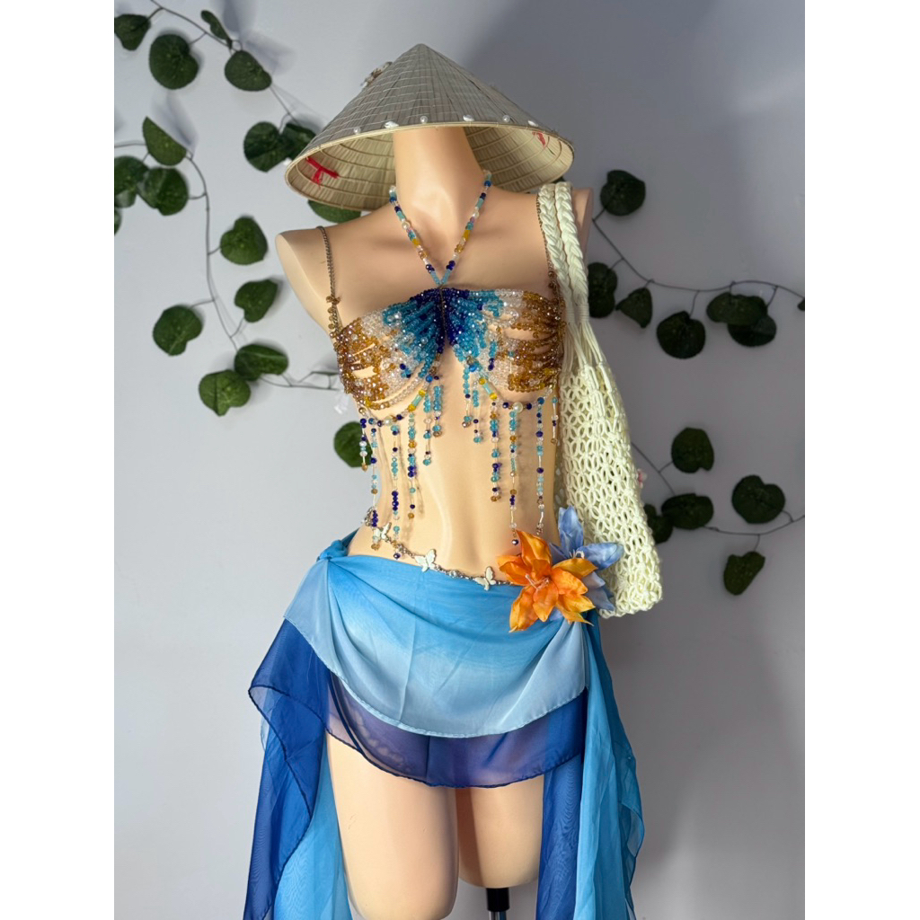 Sét bikini đá xanh( lấy ý tưởng từ tranh Vangogh).Tặng kèm dây chuyền vỏ sò & 2 kẹp hoa bất kỳ,chip (chưa gồm phụ kiện)