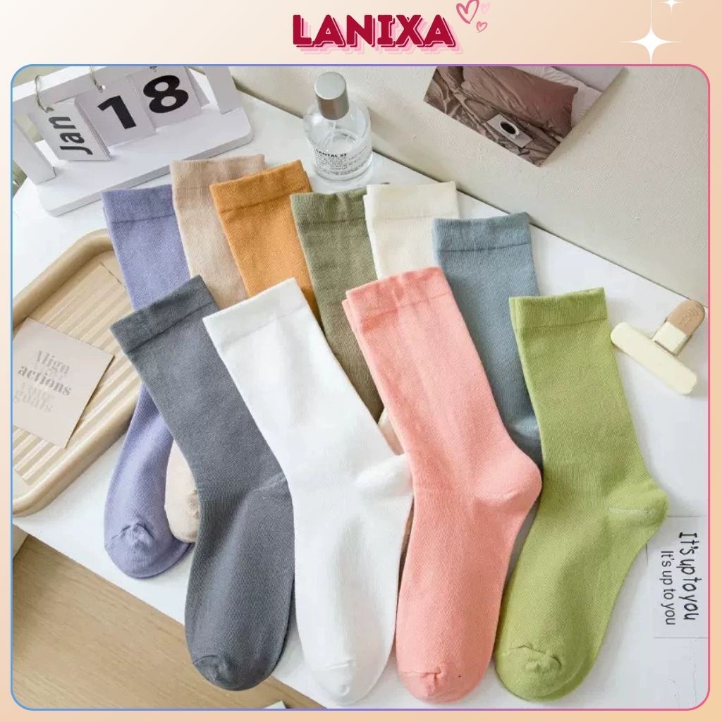 Tất nữ cổ trung chất cotton trơn mềm mịn 4 chiều thấm hút thoáng khí tốt không hôi chân LANIXA T786