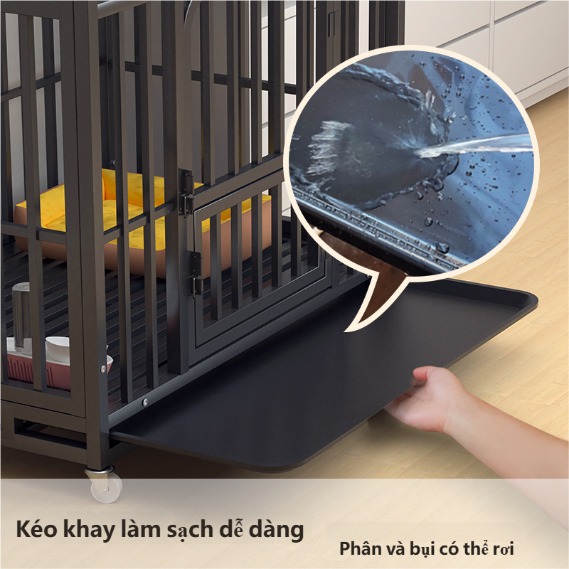GreenPets – Lồng chó phủ sơn tĩnh điện màu đen, dành cho chó lớn, có bánh xe và khay cát mèo