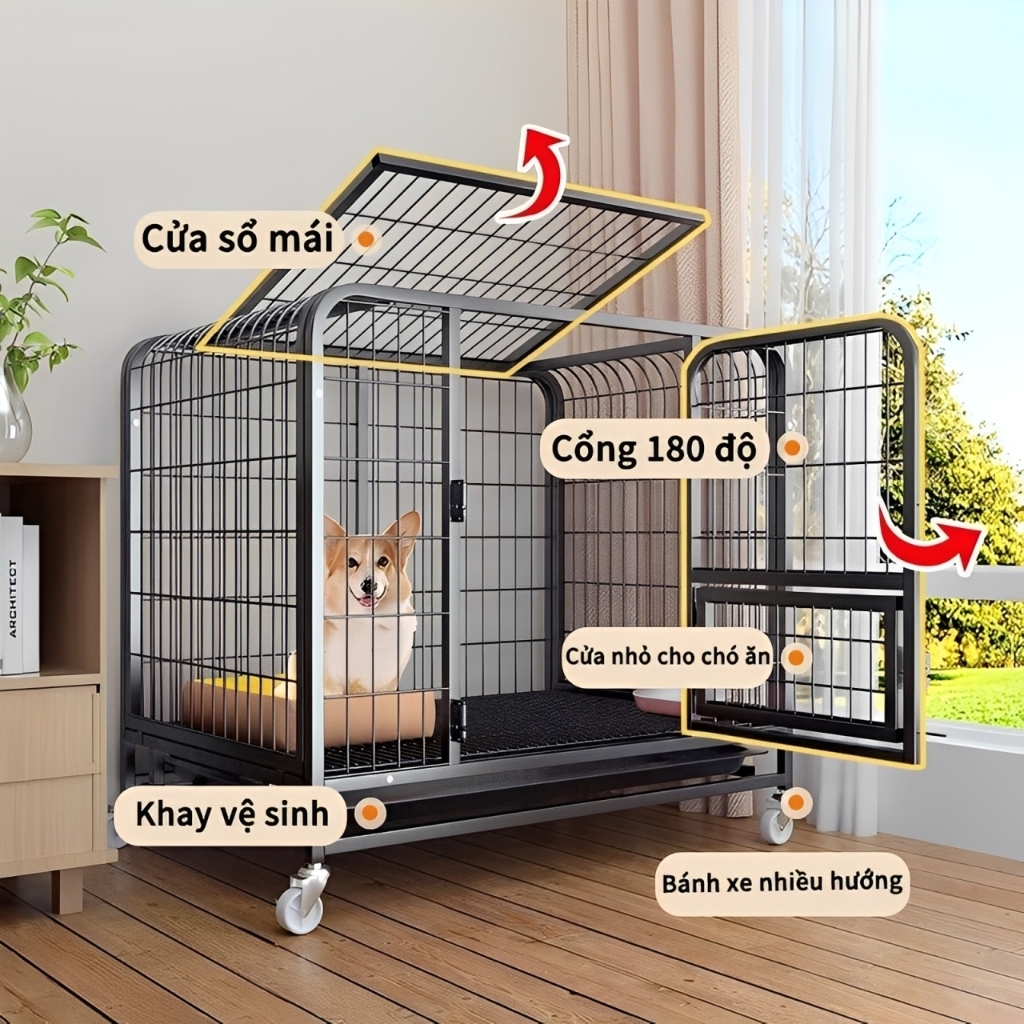 GreenPets – Lồng chó phủ sơn tĩnh điện màu đen, dành cho chó lớn, có bánh xe và khay cát mèo