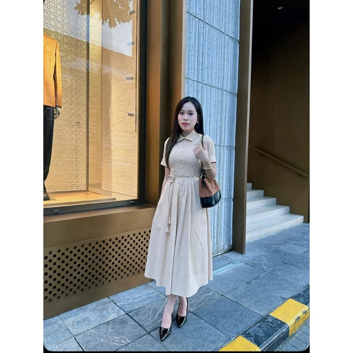 Đầm thiết kế HINSTORE đầm thiết kế kiểu sơ mi bấu ly cũng bọc dáng xòe đính đai hoa 394